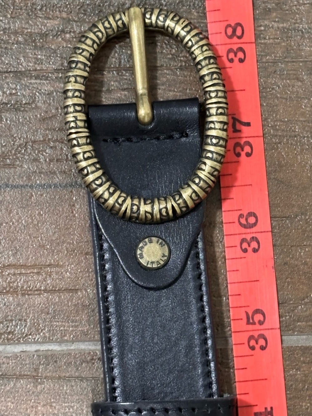 Black Leather Belt with Antique Brass Round Buckle